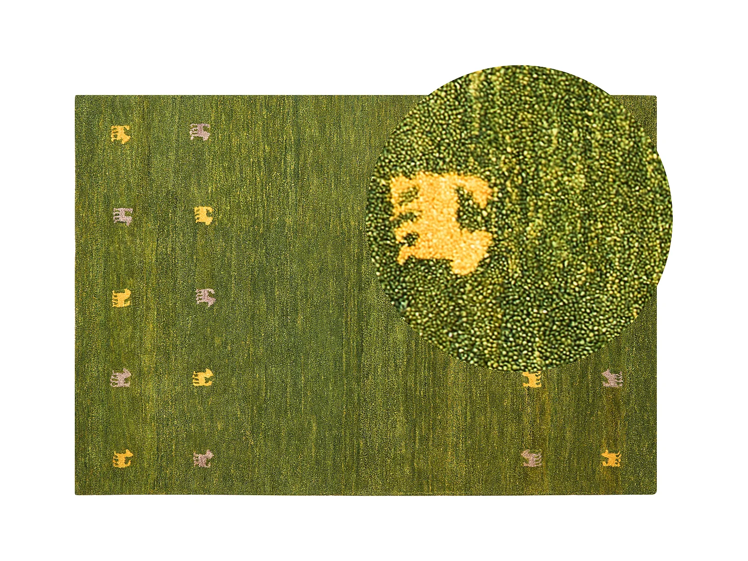 Gabbeh Teppich grün aus Wolle 140x200 cm Hochflor Westernmotiv Tiermuster weich Yulafi