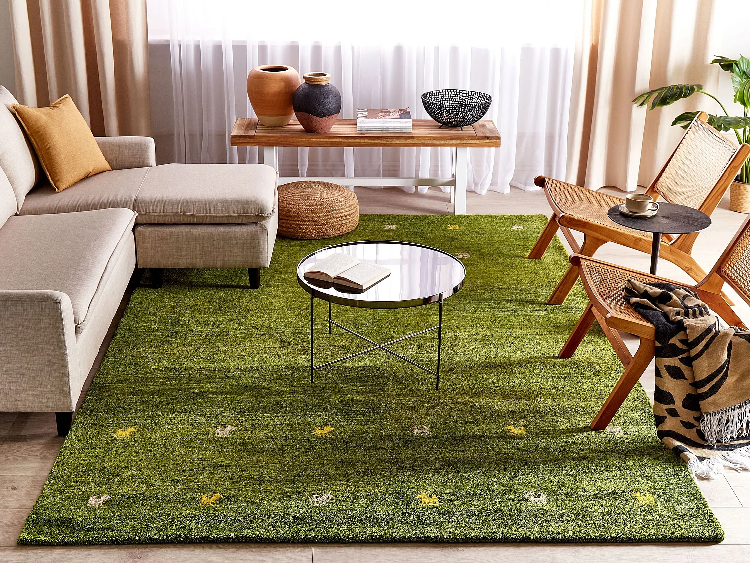 Gabbeh Teppich grün aus Wolle 200x300 cm Hochflor Westernmotiv Tiermuster weich Yulafi