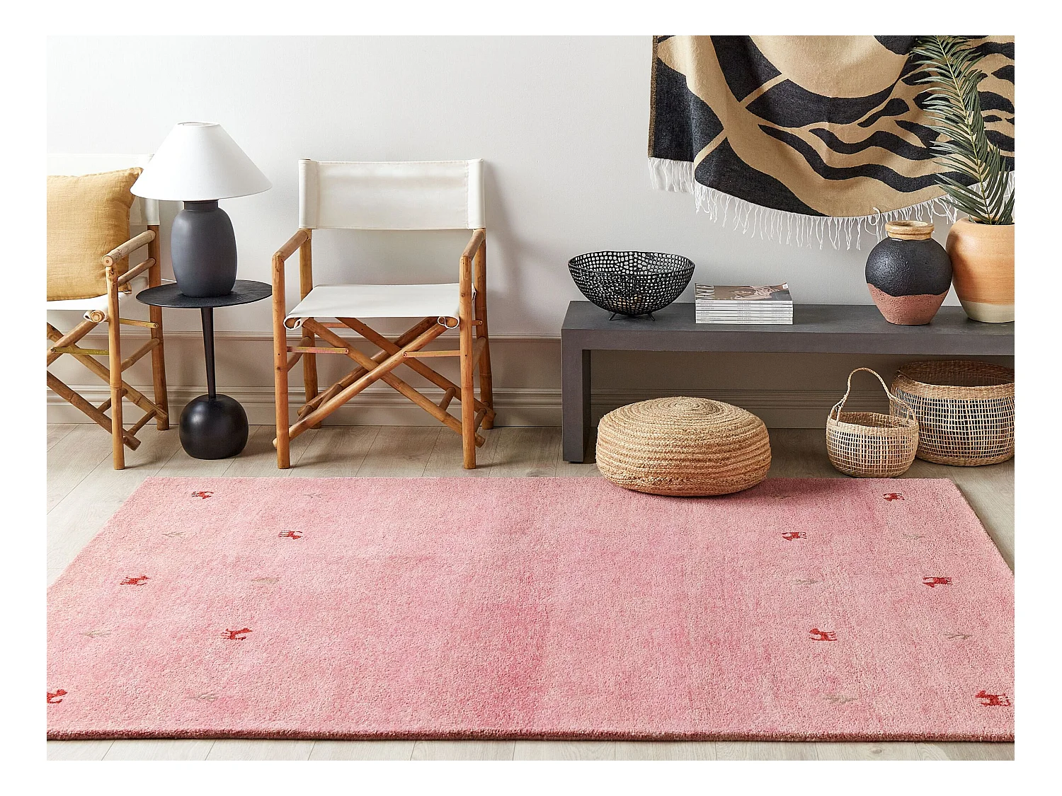 Gabbeh Teppich rosa aus Wolle 160x230 cm Hochflor Westernmotiv Tiermuster weich Yulafi