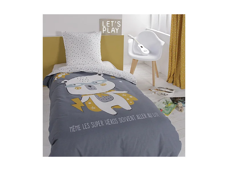 Parure de lit Kids Kool - 1 personne - 140 x 200 cm - 100% coton - Gris Motif Enfant -