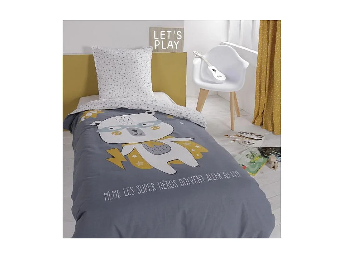 Parure de lit Kids Kool - 1 personne - 140 x 200 cm - 100% coton - Gris Motif Enfant -