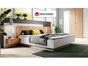 Säng med sängbord 160 x 200 cm - 2 lådor - Med LEDs - Färg: Vit och naturlig - FRANCOLI