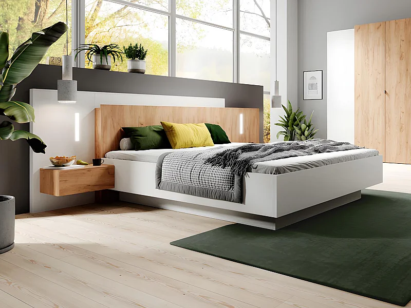 Letto con comodini 160 x 200 cm 2 cassetti Con LED Bianco e Naturale - FRANCOLI