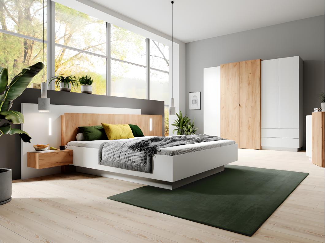 Cama com mesas de cabeceira de 160 x 200 cm com 2 gavetas e com LEDs cor branco e carvalho - FRANCOLI
