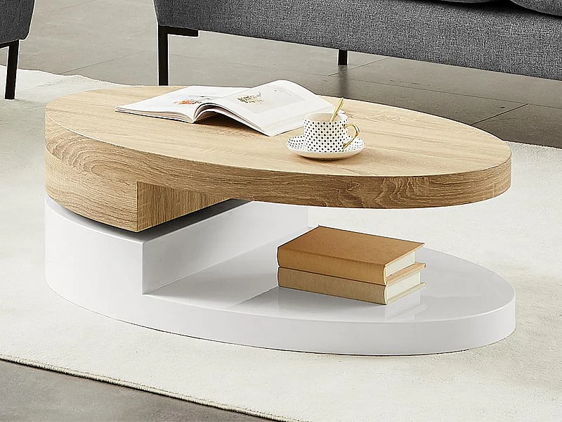 Salontafel met draaibaar tafelblad - Mdf - Naturel en wit - VITALY