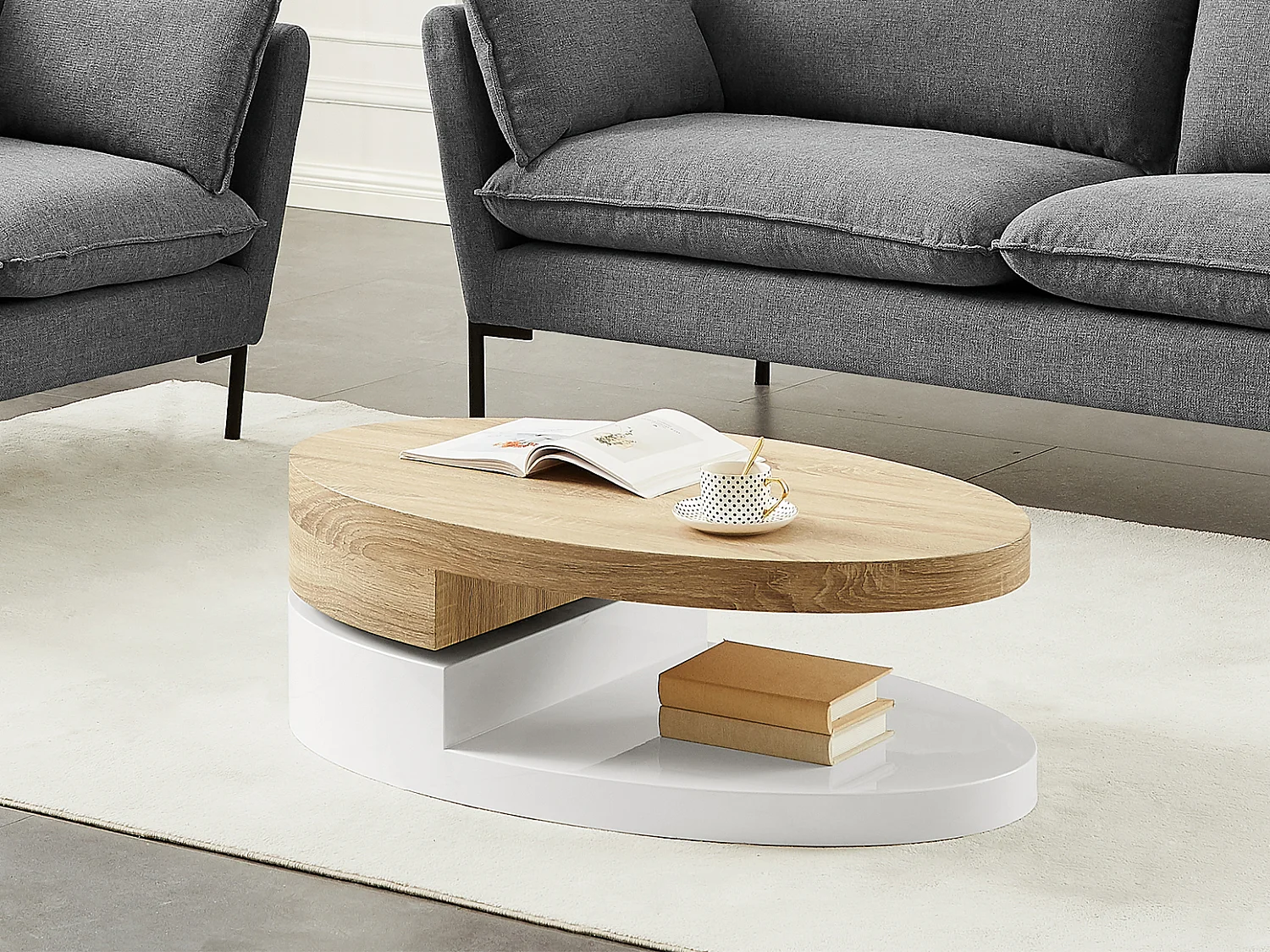 Table basse avec plateau pivotant - MDF - Naturel et blanc - VITALY