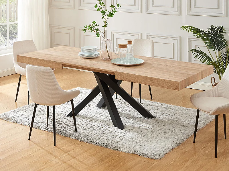 Table à manger extensible 6 à 10 personnes en MDF et métal - Naturel et noir - CATONAV