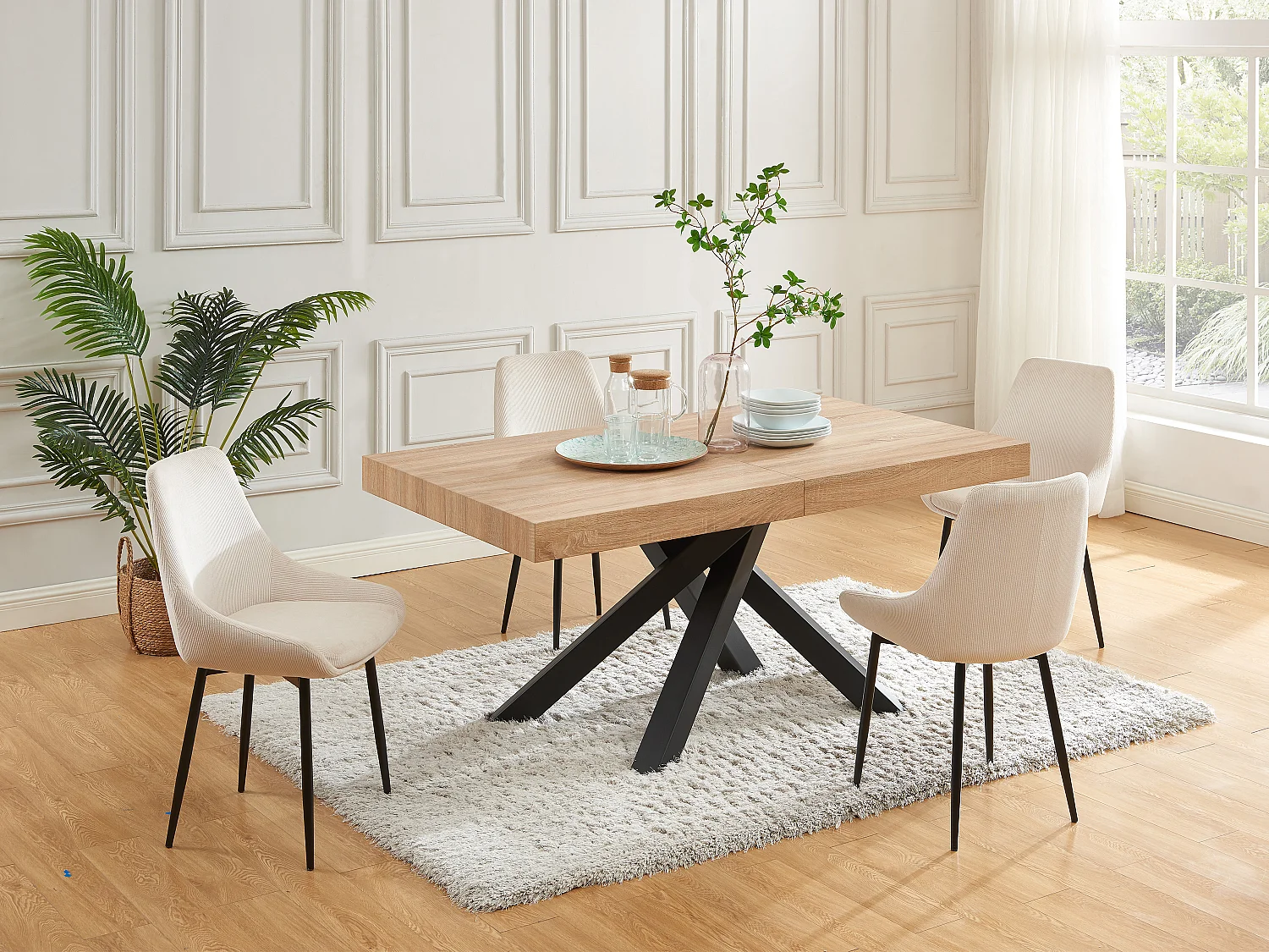 Uitschuifbare eettafel 6 tot 10 plaatsen van mdf en hevea - Naturel en zwart - CATONAV