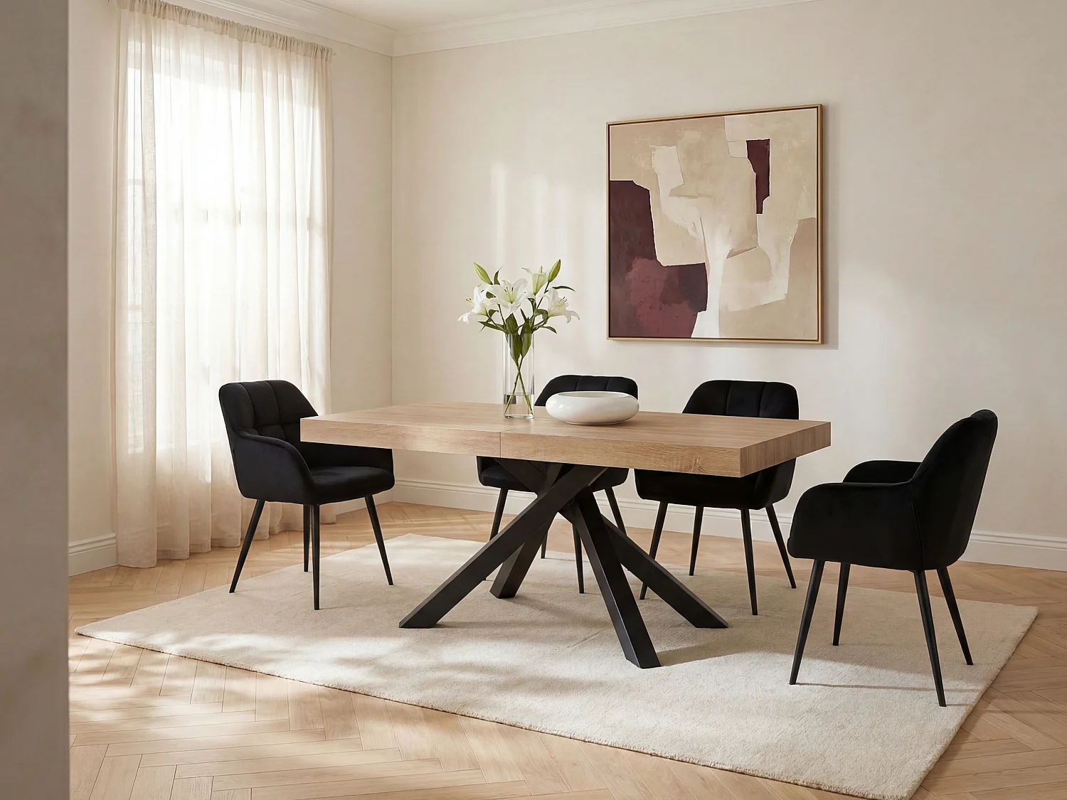 Mesa de comedor extensible 6 a 10 comensales de MDF y metal - Natural y negro - CATONAV