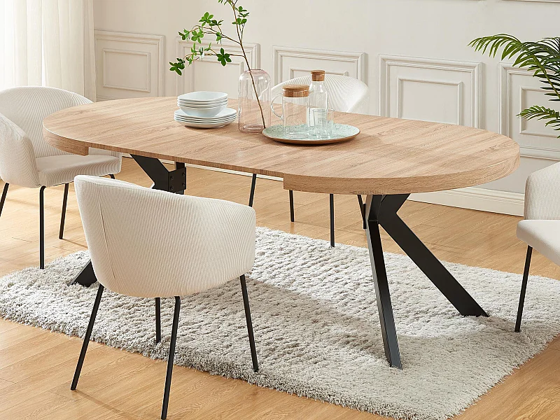 Uitschuifbare eettafel 4 tot 8 plaatsen van mdf en staal - Naturel en zwart - KOMONI