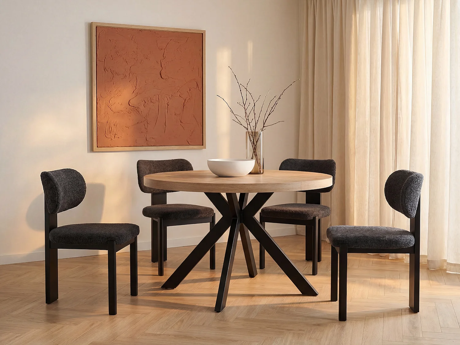 Table à manger extensible 4 à 8 personnes en MDF et acier - Naturel clair et noir - KOMONI