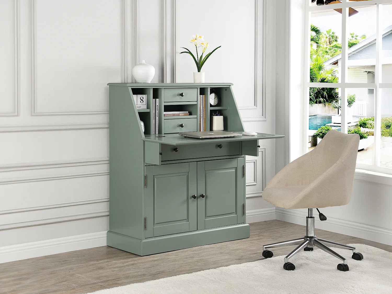 Secrétaire en pin et MDF - Coloris : Vert amande - CLEORE