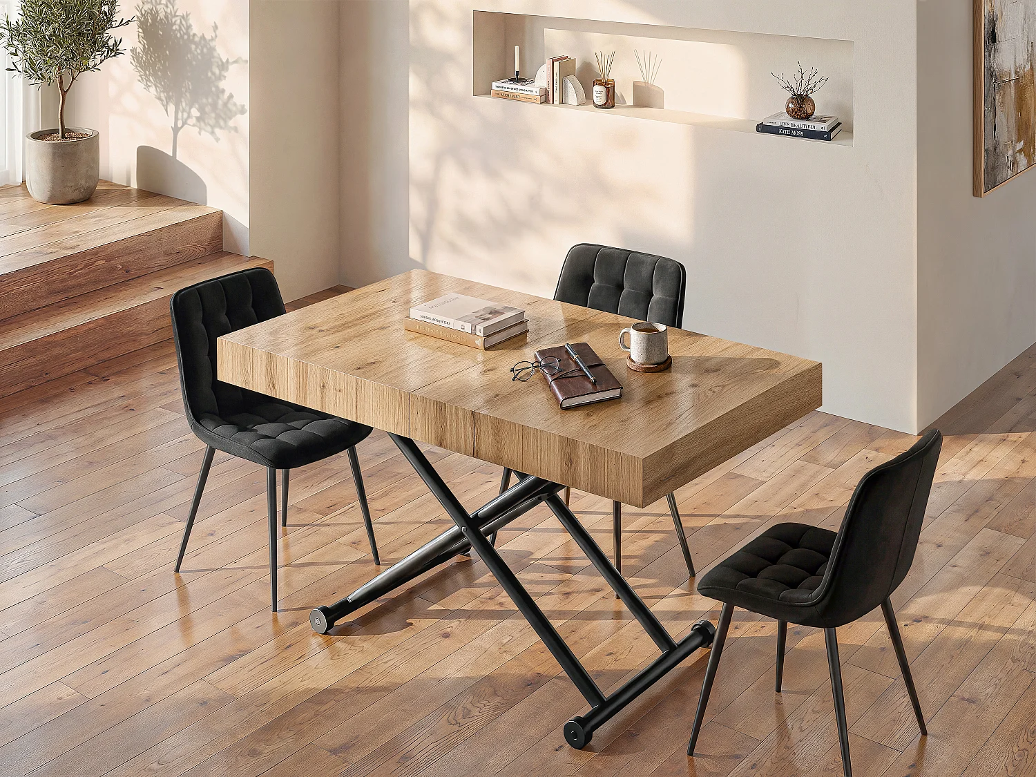 Extendable and adjustable 2 - in - 1 table - MDF and steel - Natural and black - MORIALA