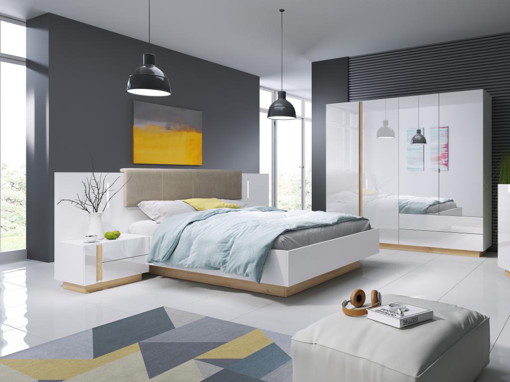 Lit avec chevets 160 x 200 cm - Avec LEDs - Blanc et naturel - MURARI