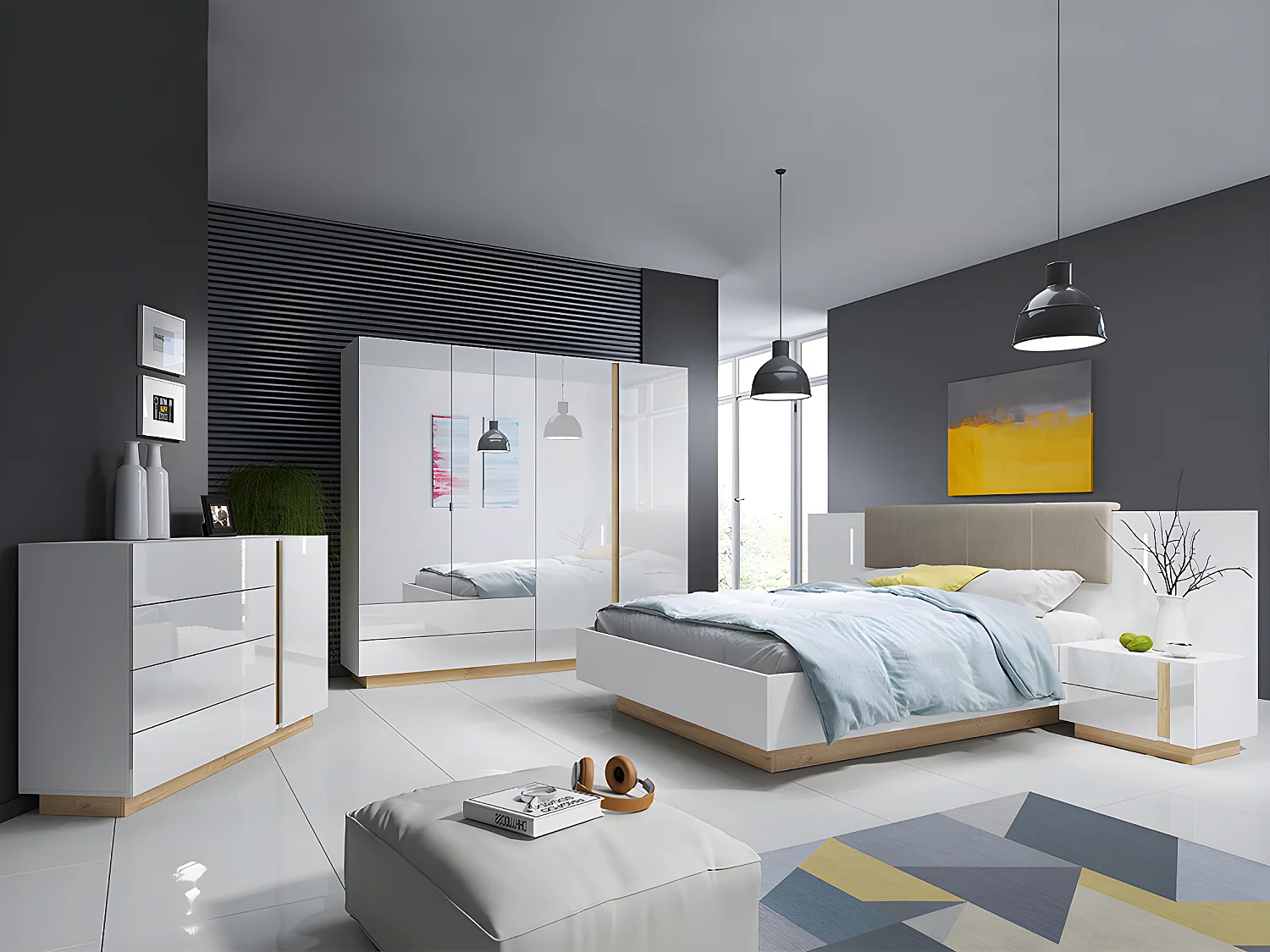 Lit avec chevets 160 x 200 cm - Avec LEDs - Blanc et naturel - MURARI