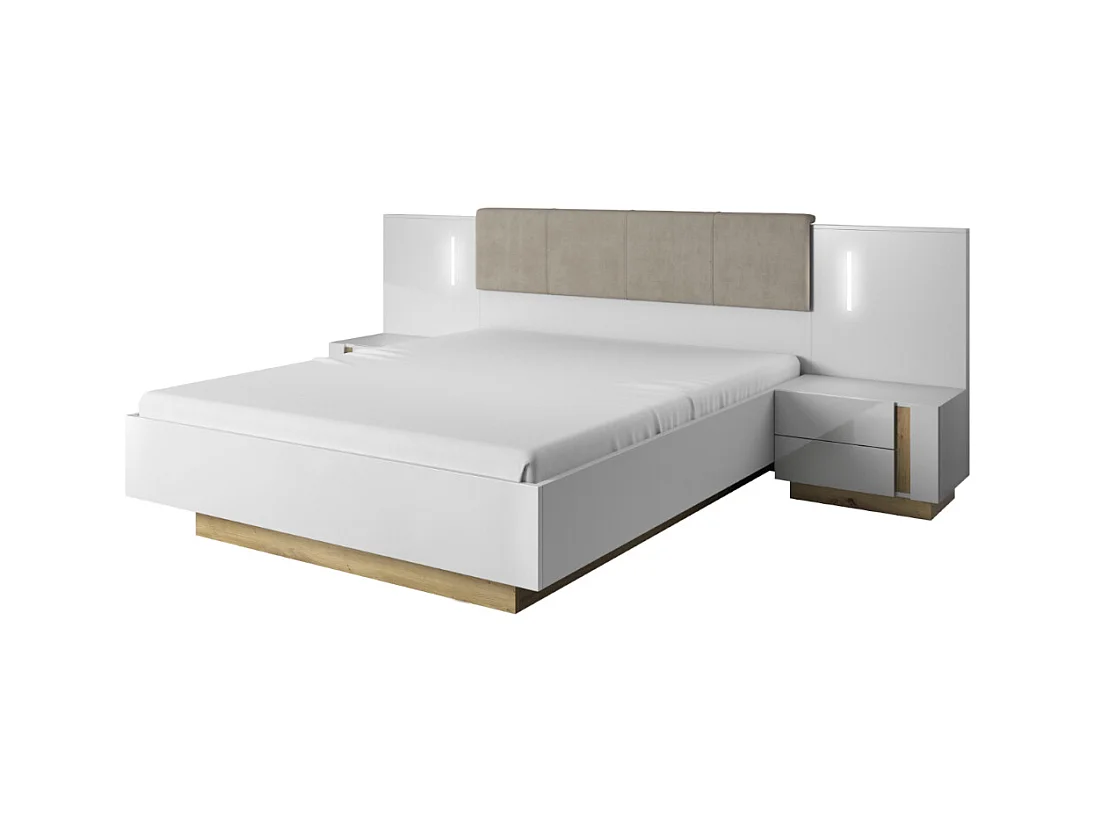 Lit avec chevets 160 x 200 cm - Avec LEDs - Blanc et naturel - MURARI