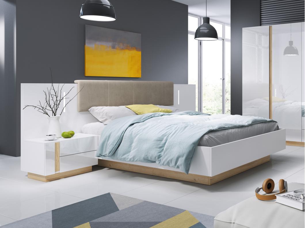 Cama con mesas de noche 160 x 200 cm - Con LEDs - Blanco y natural - MURARI