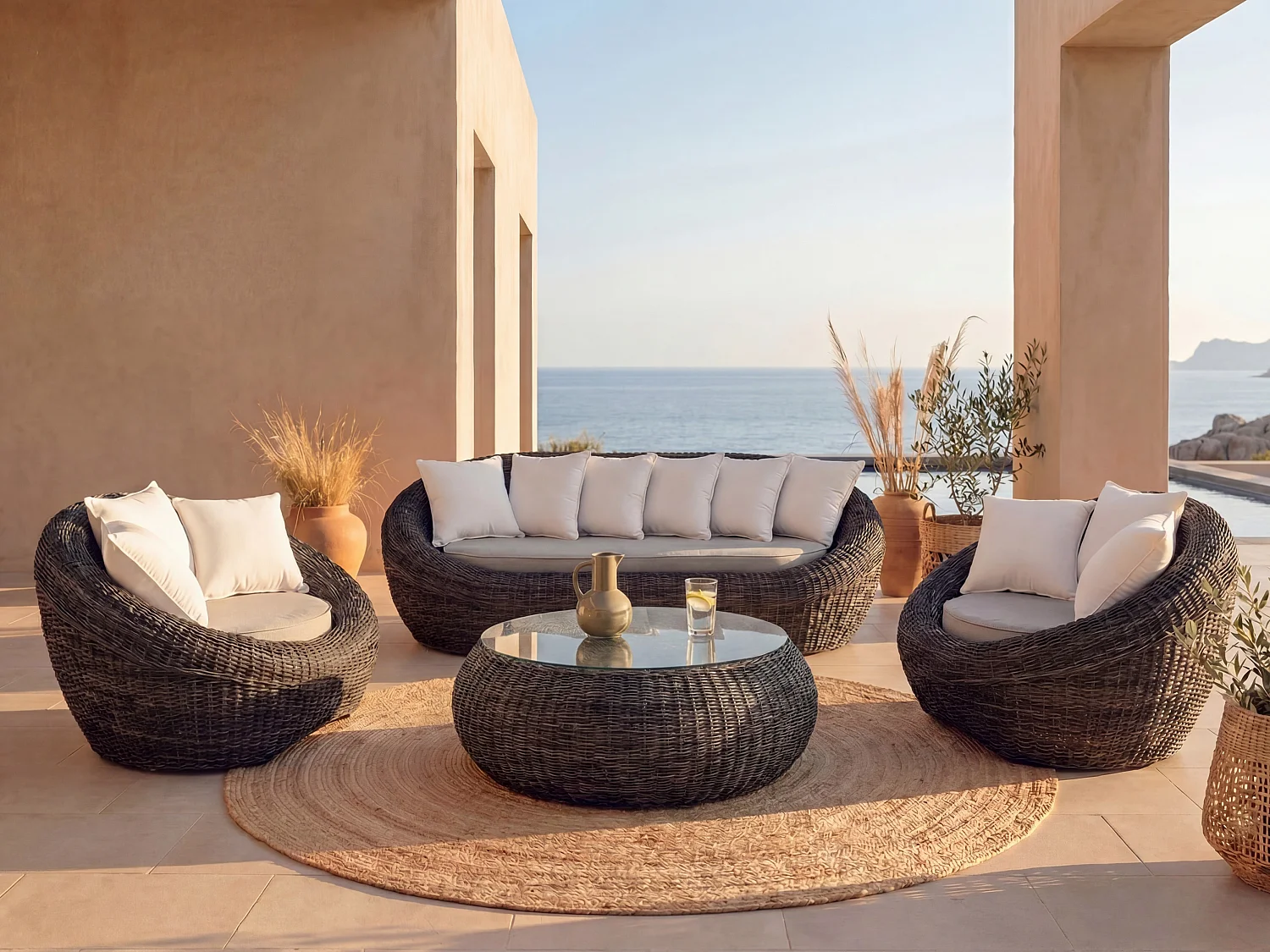 Loungeset van gevlochten hars - Grijs - 1 zitbank, 2 fauteuils en 1 salontafel - WHITEHEAVEN