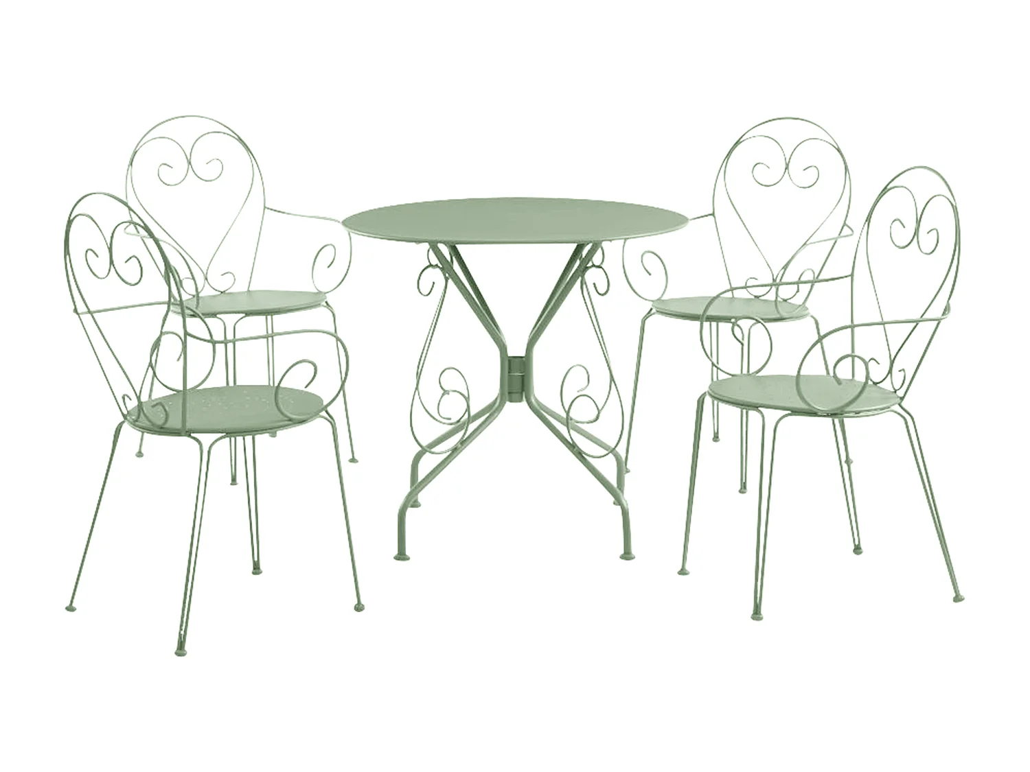 Salle à manger de jardin en métal façon fer forgé : une table et 4 fauteuils - Vert amande - GUERMANTES de MYLIA
