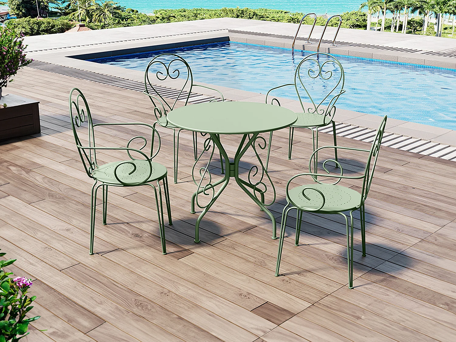 Sala da pranzo da giardino in Metallo Stile ferro battuto: un tavolo e 4 poltrone Verde acqua - GUERMANTES