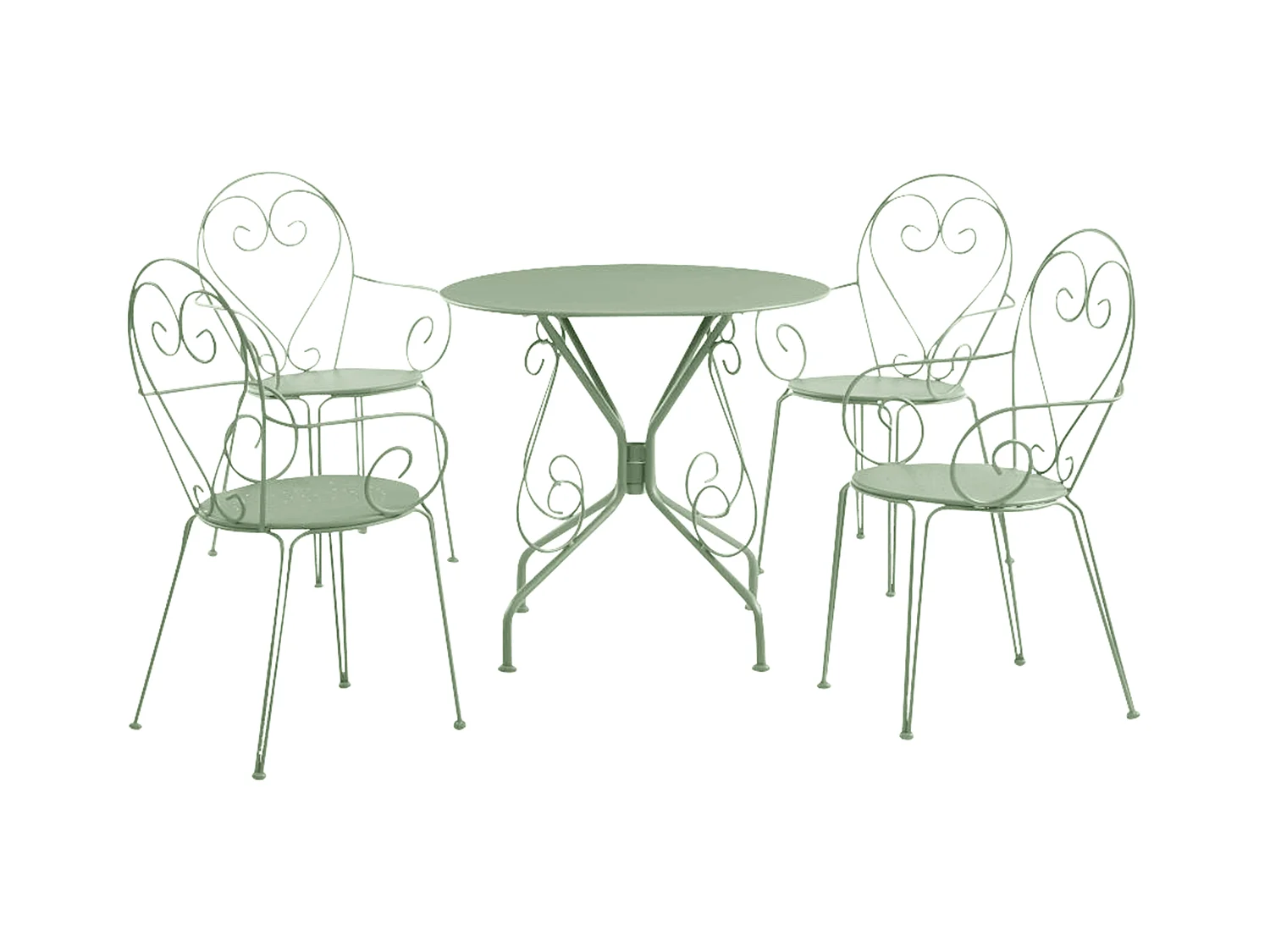 Salle à manger de jardin en métal façon fer forgé : une table et 4 fauteuils - Vert amande - GUERMANTES de MYLIA