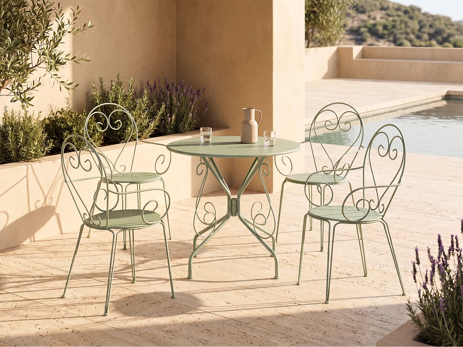 Garten-Essgruppe: Tisch + 4 stapelbare Sessel - Metall in Eisenoptik - Grün - GUERMANTES von MYLIA