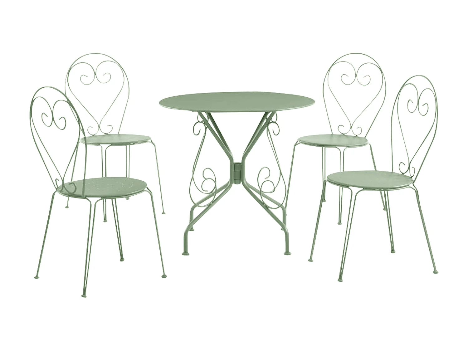 Comedor de jardín de metal tipo hierro forjado: una mesa y 4 sillas apilables - verde almendra - GUERMANTES
