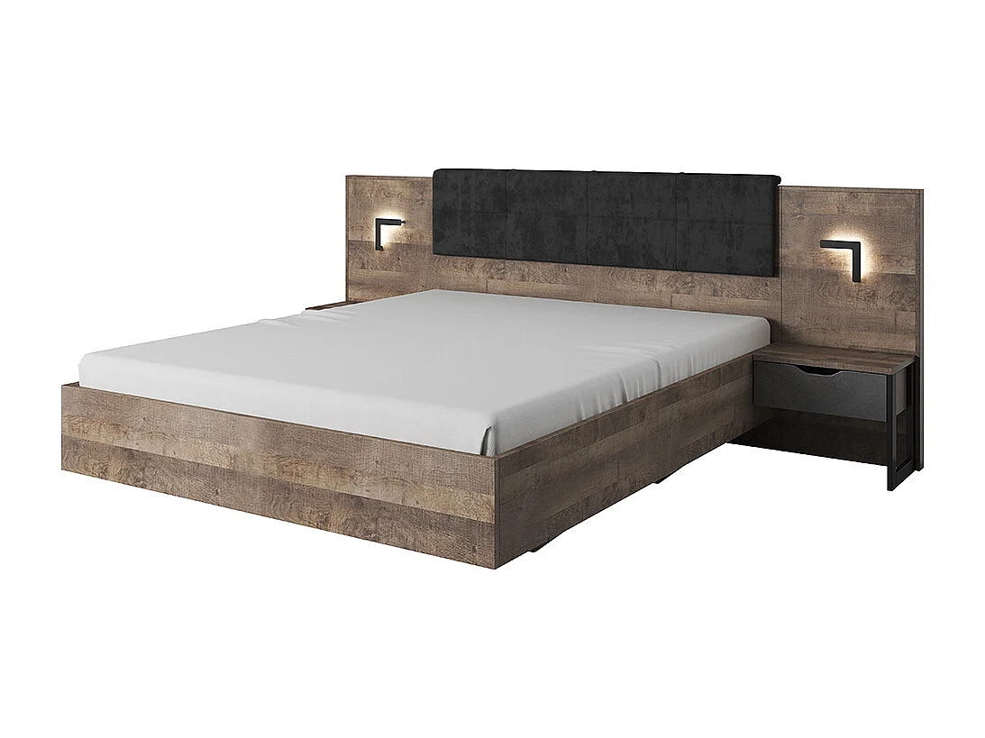 Lit avec chevets 160 x 200 cm - Avec LEDs - Coloris : Naturel et anthracite - LAONILE