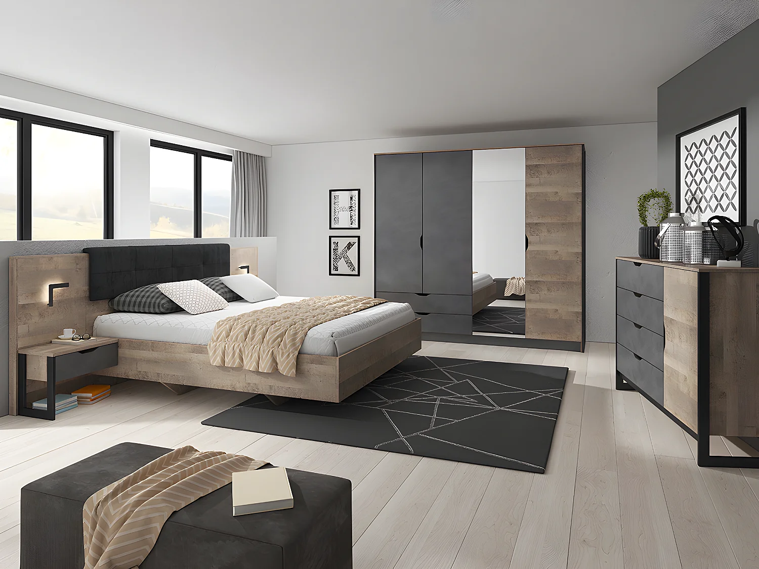 Lit avec chevets 160 x 200 cm - Avec LEDs - Coloris : Naturel et anthracite - LAONILE