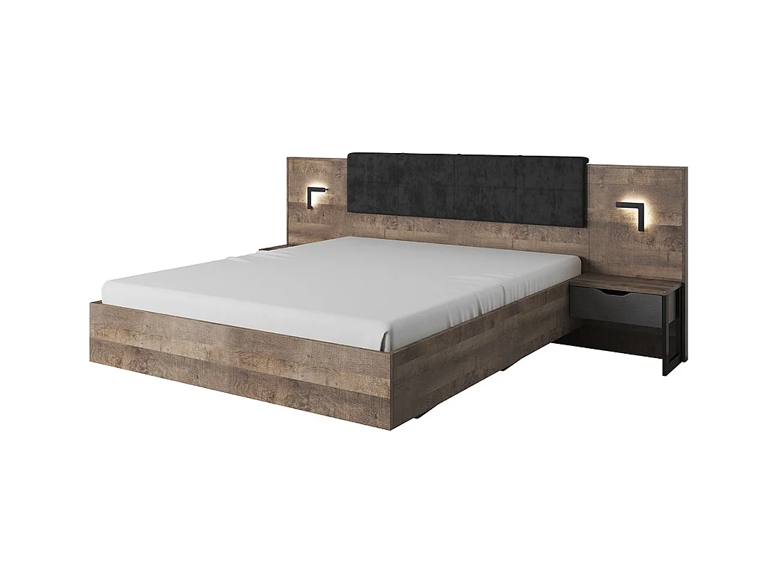 Bett mit Nachttischen - 160 x 200 cm - Mit LED-Beleuchtung - Holzfarben & Anthrazit - LAONILE