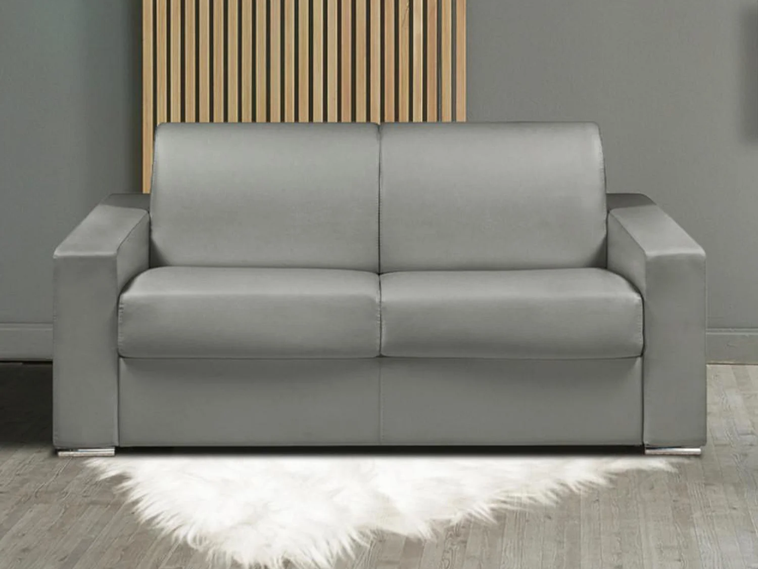 Canapé 2 places convertible express en simili gris - Couchage lattes larges 120 cm - Matelas 22 cm avec mémoire de forme CALITO