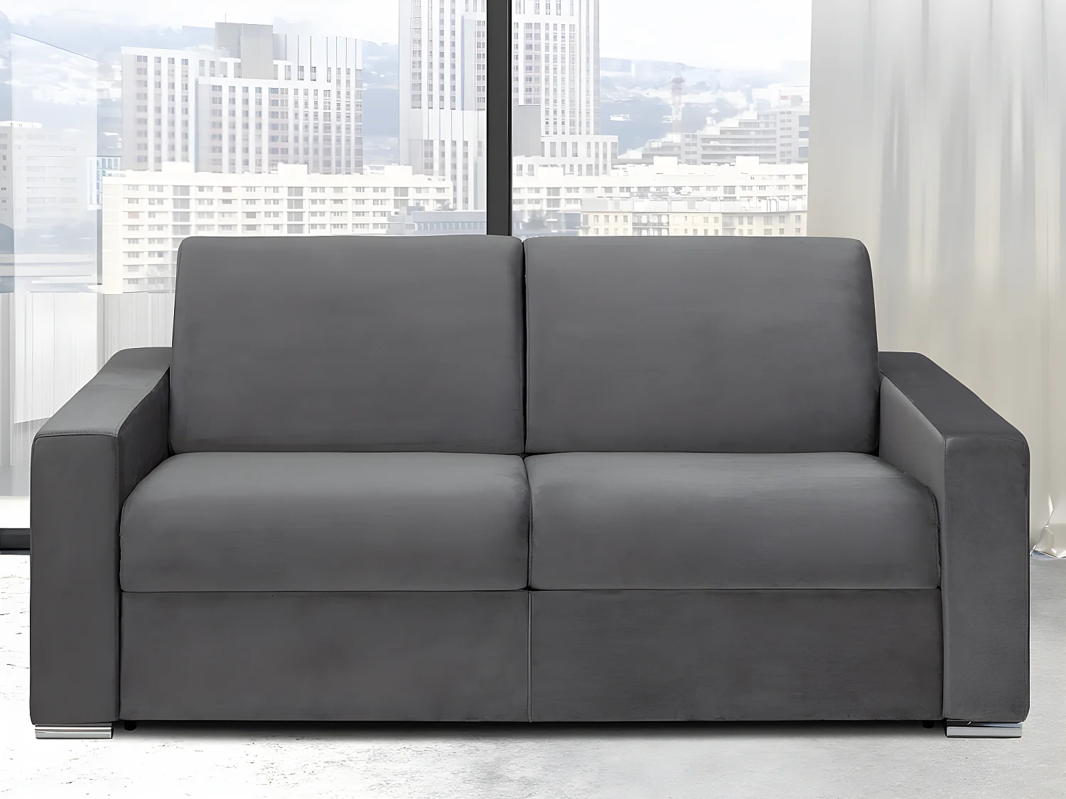 Canapé 3 places convertible express en velours anthracite - Couchage 140 cm - Matelas 22 cm avec mémoire de forme CALITO