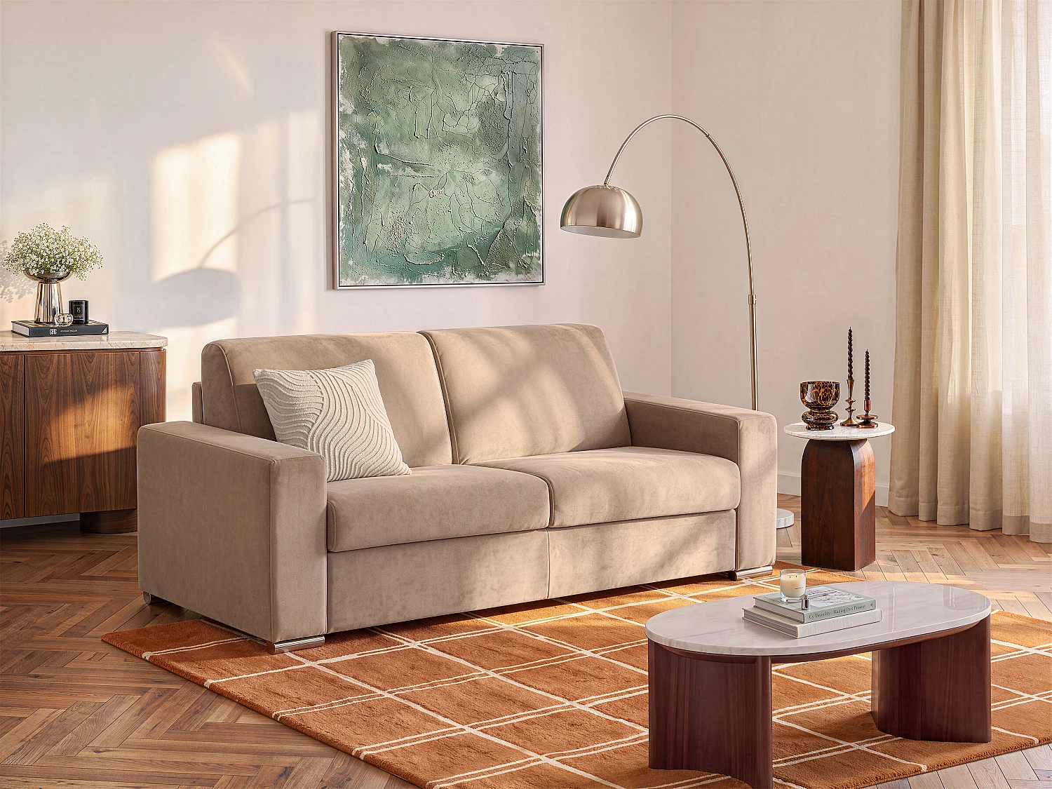 3-istuttava beige sametti -express-sohvasänky - leveälistainen makuualusta 140 cm - muistivaahtomatelas 22 cm CALITO
