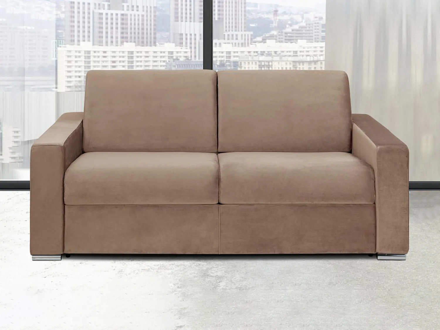 Snel omgebouwde slaapbank met 3 plaatsen in beige fluweel - Bed van 140 cm - Matras van 22 cm met geheugenschuim CALITO