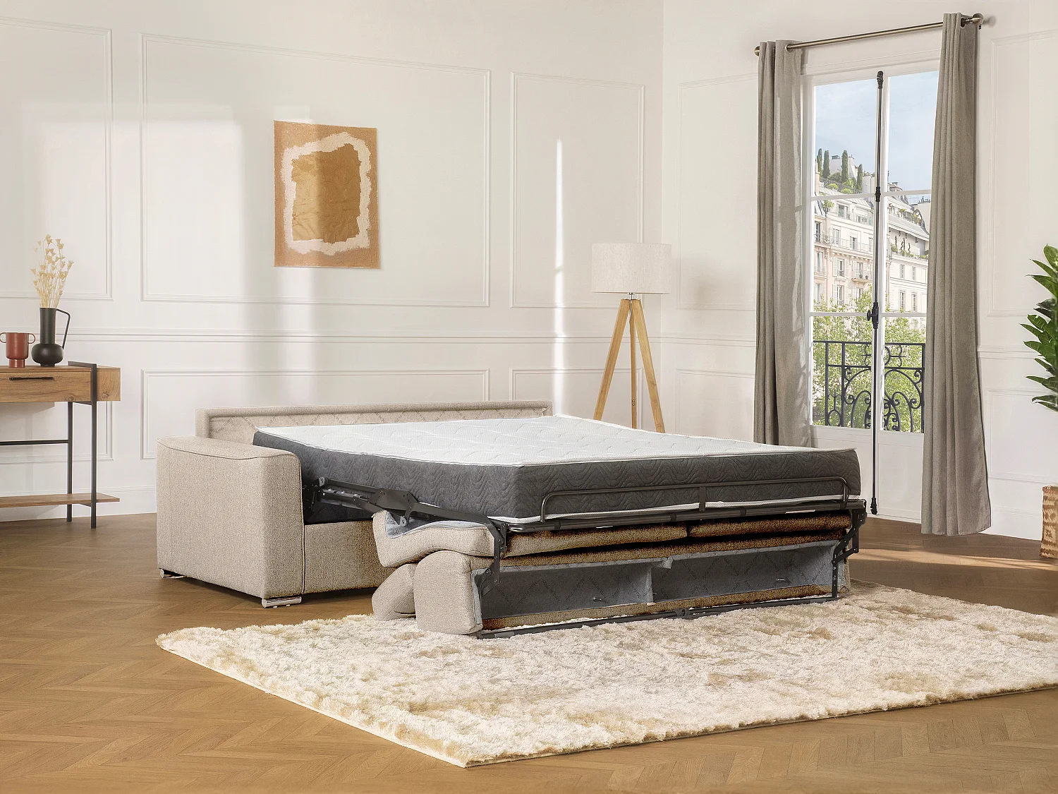 Divano letto 2 posti a ribalta in Tessuto Beige - Larghezza Materasso 120 cm - Spessore 22 cm - VIZIR