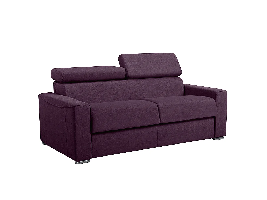 Driezits-express-slaapbank van paarse stof - Bed van 140 cm met brede latten - Matras 22 cm met schuim met vormgeheugen VIZIR