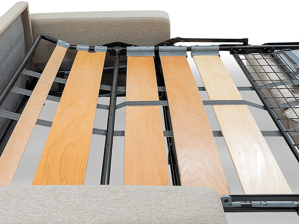 Driezitsslaapbank express van beige stof - Bed van 140 cm met brede latten - Matras 22 cm met schuim met vormgeheugen VIZIR
