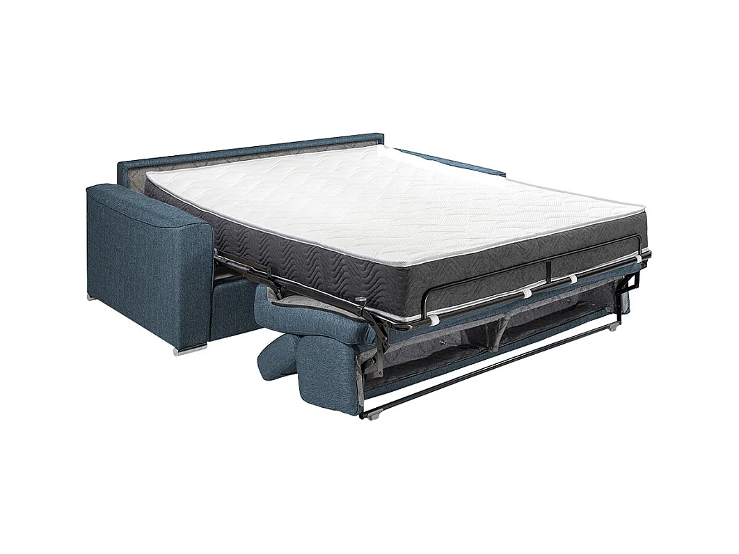 Canapé 3 places convertible express en tissu bleu - couchage 140 cm - Matelas 22 cm avec mémoire de forme VIZIR