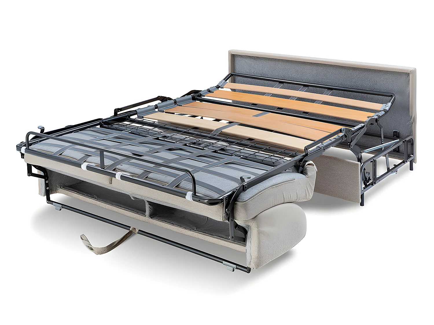 Vierzits-express-slaapbank van grijze stof - Bed van 160 cm met brede latten - Matras 22 cm met schuim met vormgeheugen VIZIR