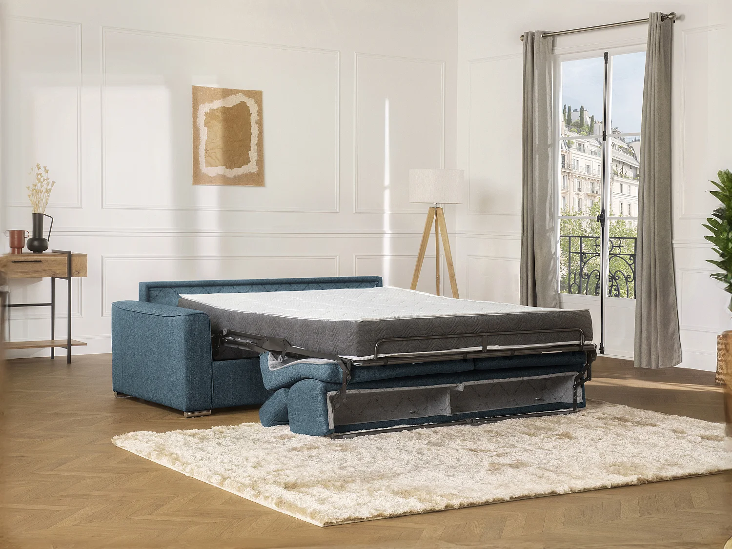 Divano letto 4 posti ribalta doghe larghe memory foam - Letto: 160 cm x 22 cm Tessuto Blu - VIZIR