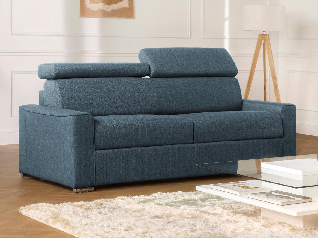 Canapé 4 places convertible express en tissu bleu - couchage lattes larges 160 cm - Matelas 22 cm avec mémoire de forme VIZIR
