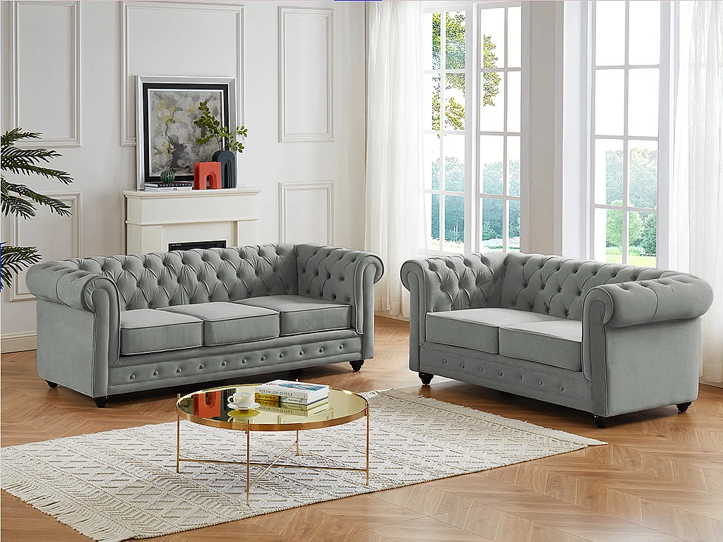 Couchgarnitur 3+2 - Samt - Hellgrau - CHESTERFIELD