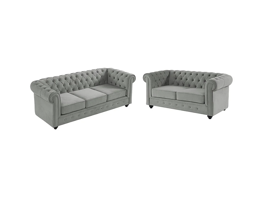 Couchgarnitur 3+2 - Samt - Hellgrau - CHESTERFIELD