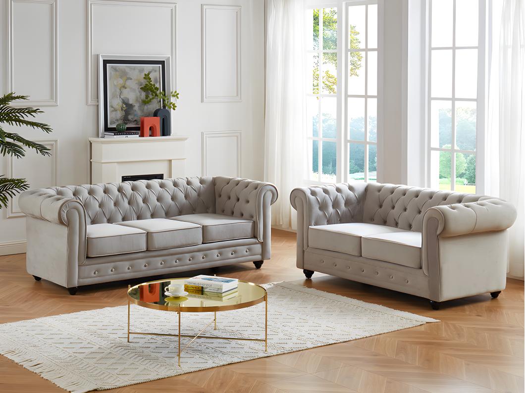 Couchgarnitur 3+2 - Samt - Hellgrau - CHESTERFIELD