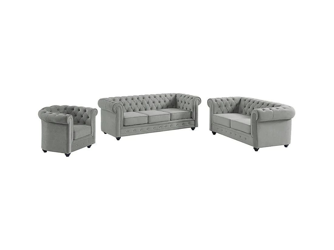 Couchgarnitur 3+2+1 - Samt - Hellgrau - CHESTERFIELD