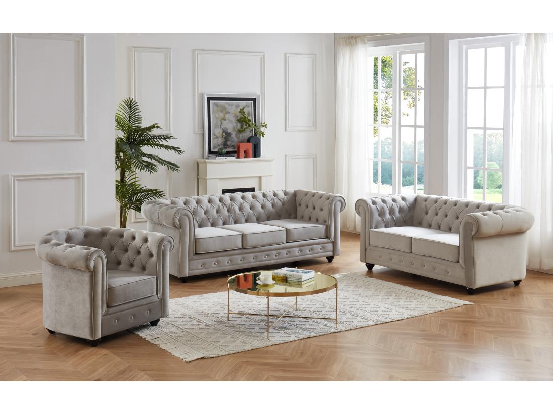 vente unique Canapés 3 places 2 places et un fauteuil CHESTERFIELD - Velours gris clair