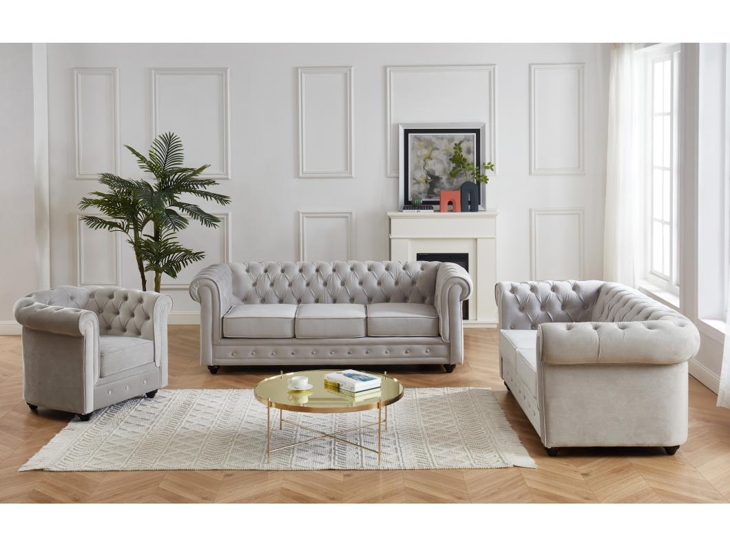 Canapés 3 places 2 places et un fauteuil CHESTERFIELD - Velours gris clair