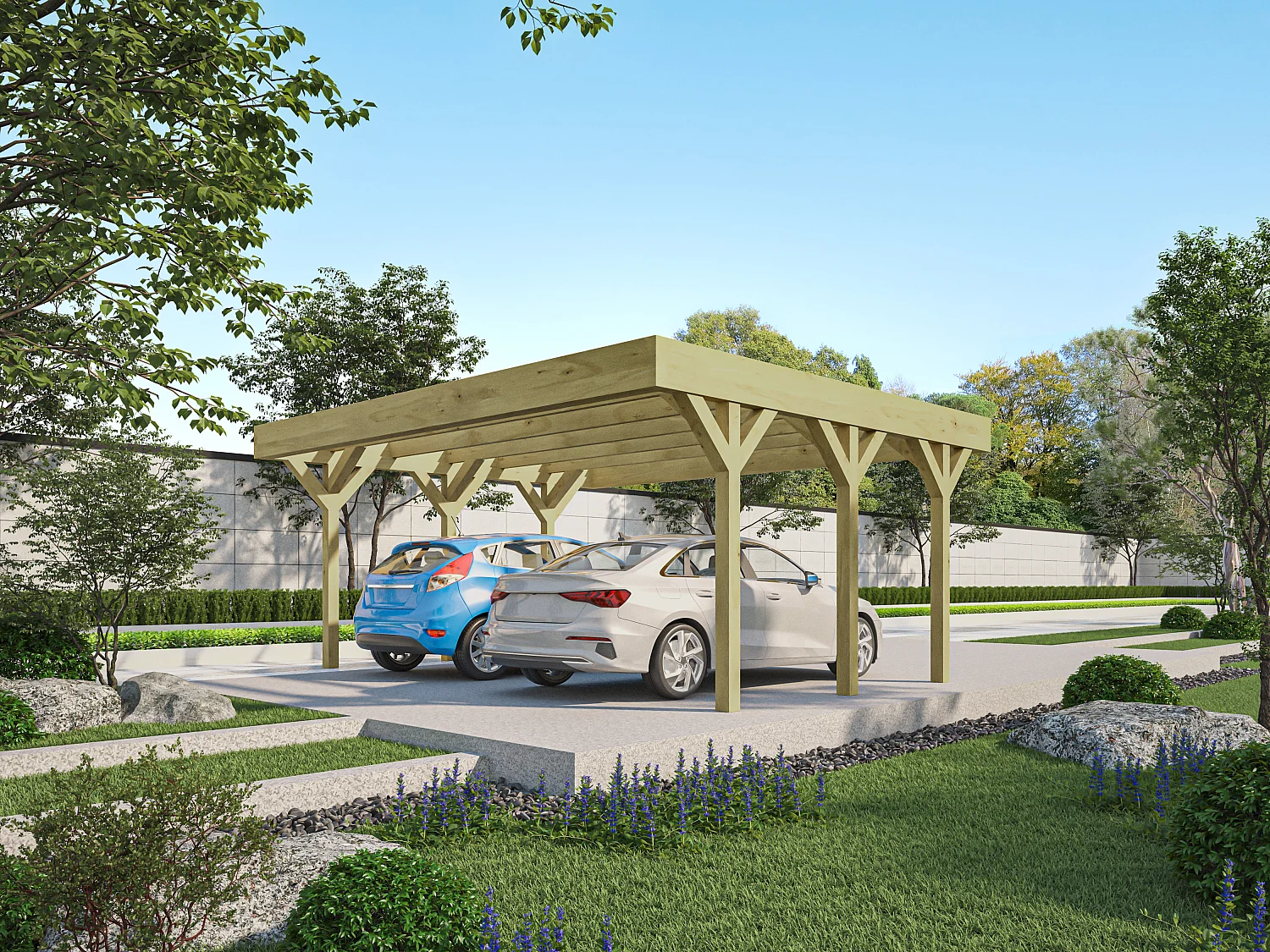 Vrijstaande dubbele carport van hout ARIANE - 2 auto's - 31 m²
