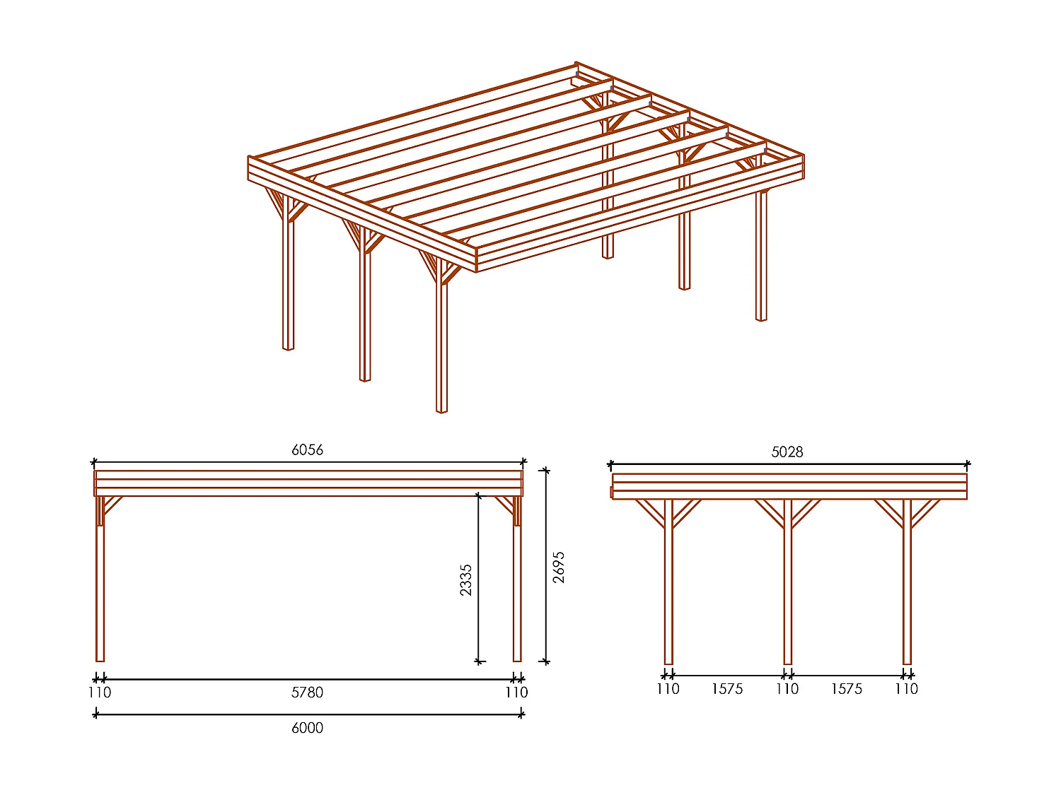 Vrijstaande dubbele carport van hout ARIANE - 2 auto's - 31 m²