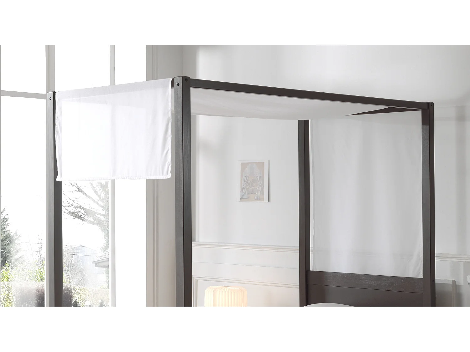 Cama con dosel 90x200 cm con dosel de pino macizo lacado blanco Pinie